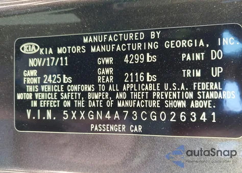 2012 Kia Optima Ex z USA, uszkodzony, nr VIN 5XXGN4A73CG026341